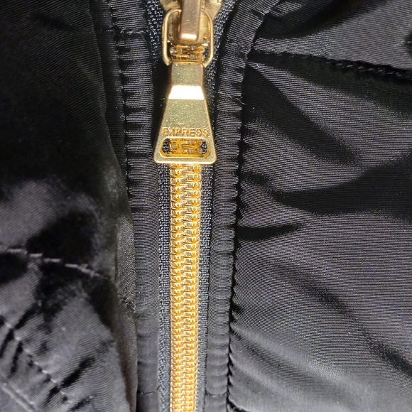 Express Hooded Black Puffer Coat with Gold Details - Picture 2 of 11